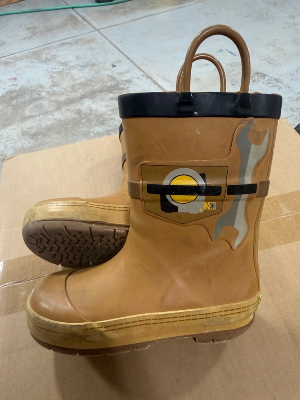Western Chief Tan and Black Kids Rain Boots with Tool Graphic